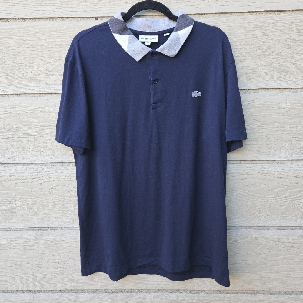 Lacoste Regular Fit navy polo shirt with gray plaid collar XL